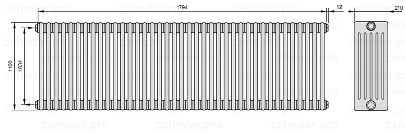 Схема (чертеж) Радиатор Zehnder Charleston 6110/39 №1270 Белый глянцевый RAL 9016
